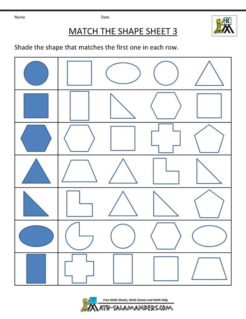 Shape matching worksheet with rows of blue outlined shapes
