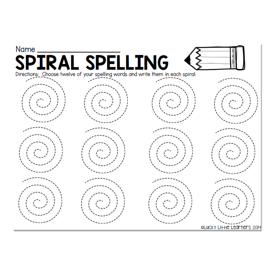 Spiral spelling worksheet with twelve dotted spirals and pencil
