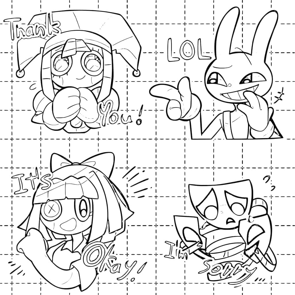 Black-and-white cartoon character sketches with speech words