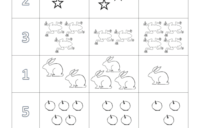 Number matching worksheet with stars, frogs, rabbits, apples, hearts