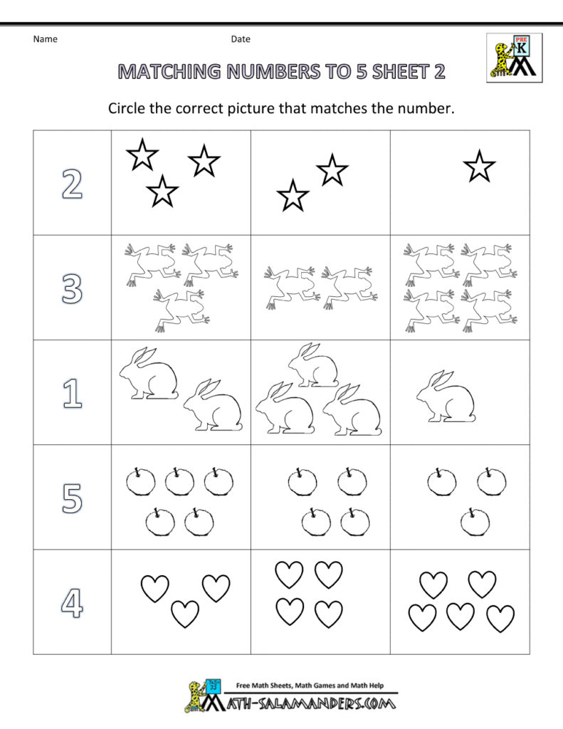 Number matching worksheet with stars, frogs, rabbits, apples, hearts