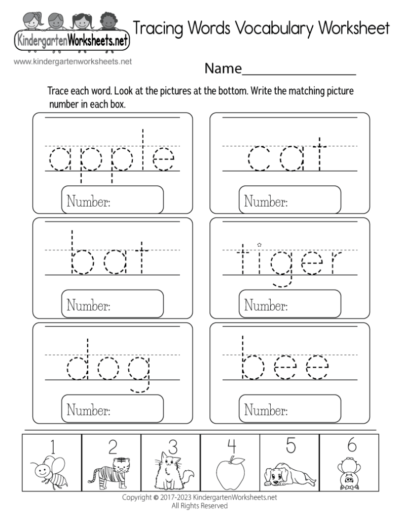 Animal vocabulary tracing worksheet with pictures and number boxes