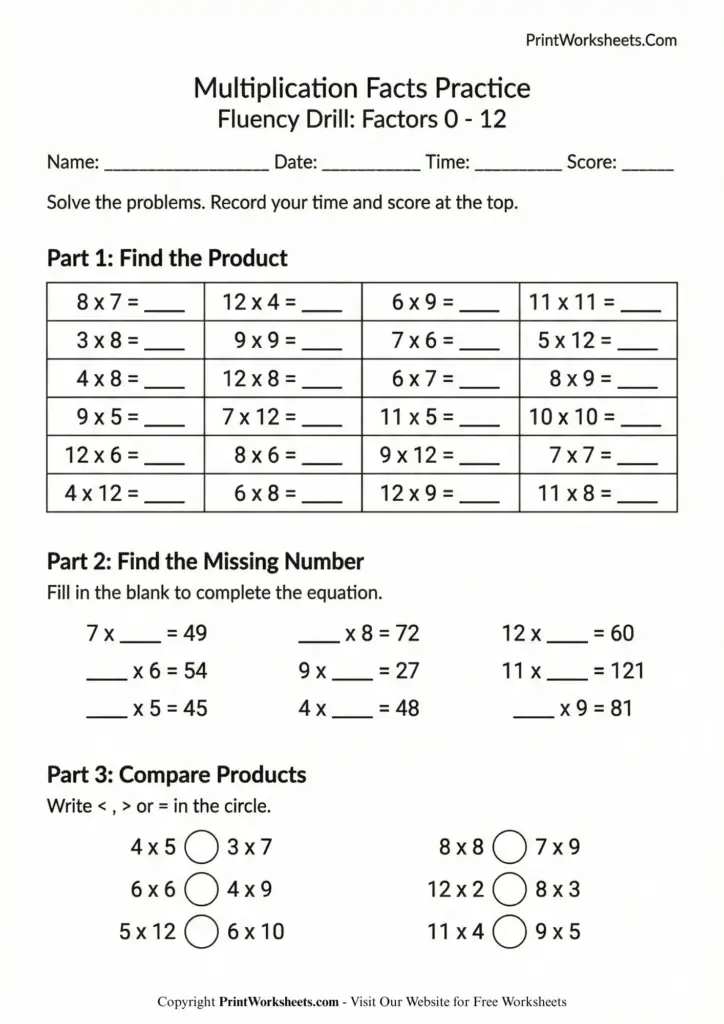 Multiplication facts practice worksheet with numbered problems and blanks
