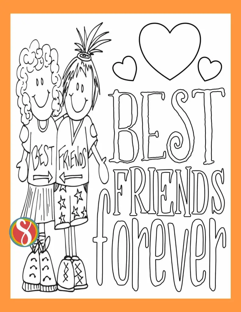 Two smiling friends with hearts and text