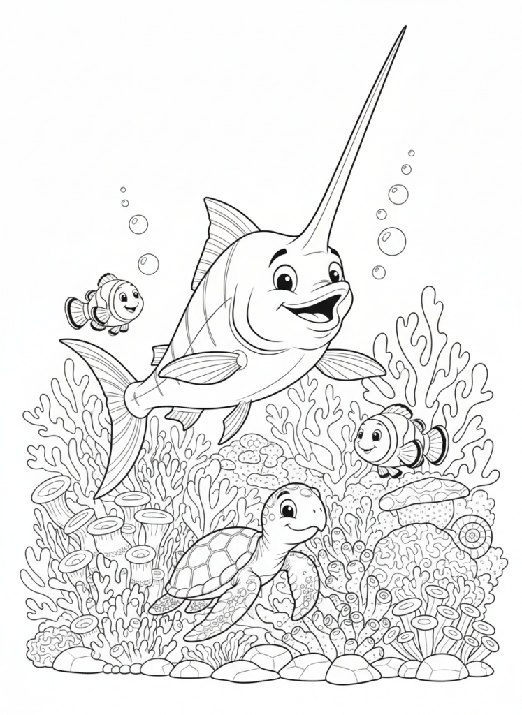 Underwater scene with smiling marlin, fish, and turtle