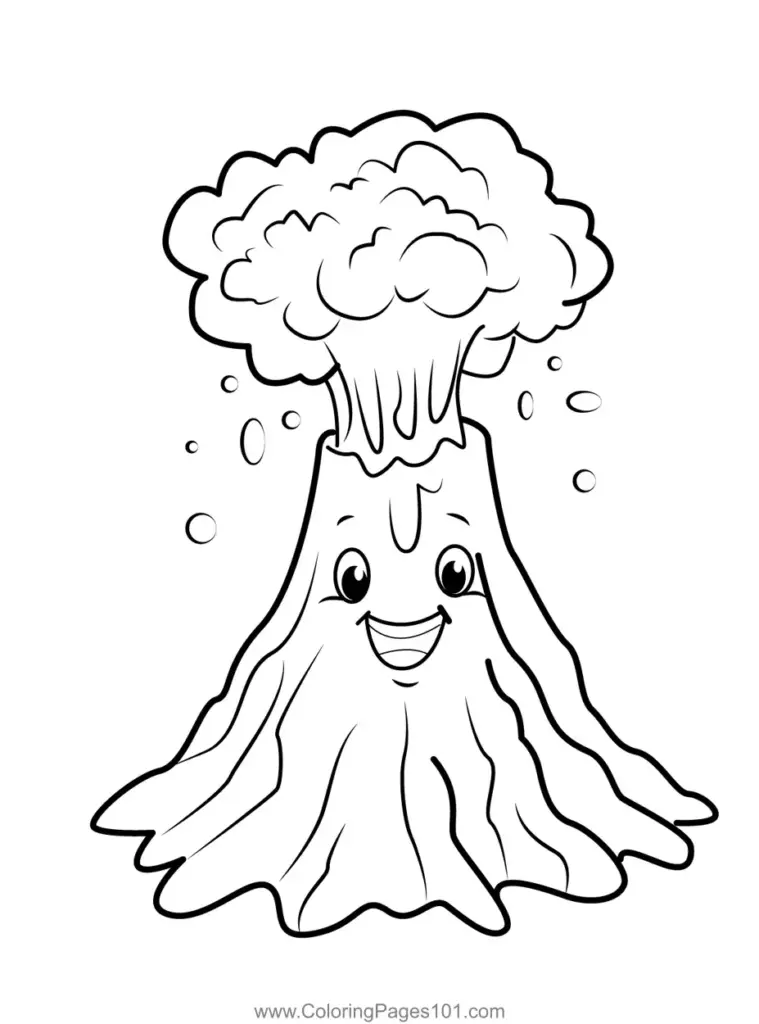 Smiling cartoon volcano erupting with smoke cloud