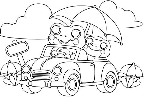 Cartoon car with two frogs under umbrella