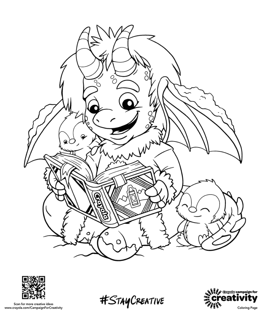 Cartoon dragon reading a book with two hatchlings