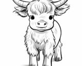 Front-facing fluffy baby yak with horns on white background