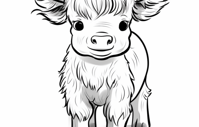Front-facing fluffy baby yak with horns on white background