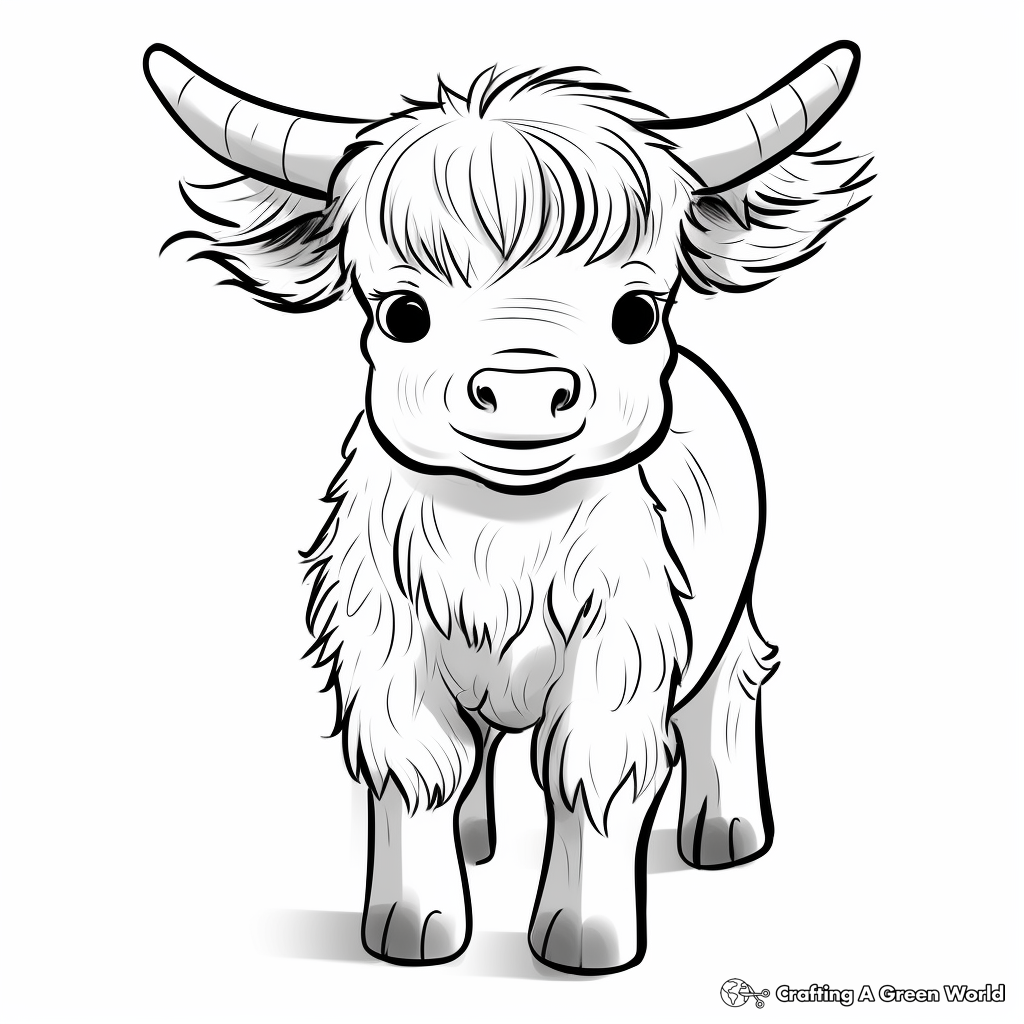 Front-facing fluffy baby yak with horns on white background