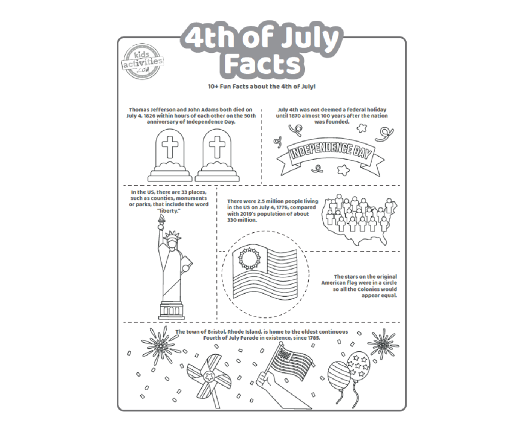 Fourth of July facts worksheet with patriotic illustrations