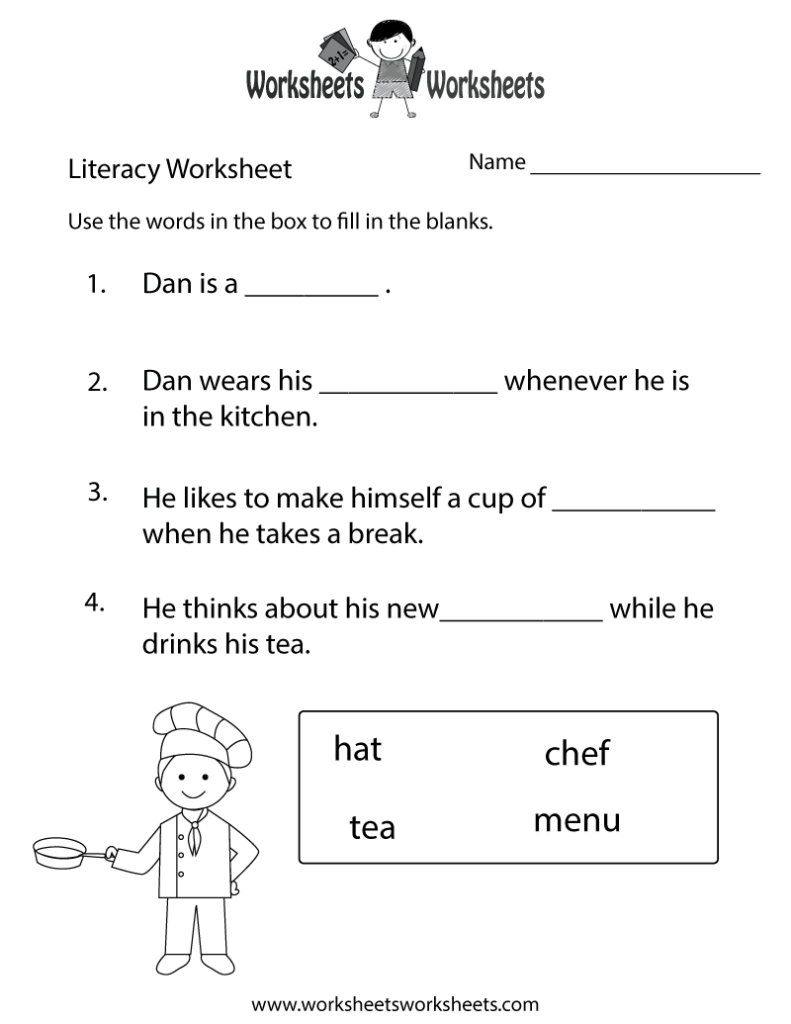 Black-and-white literacy worksheet with chef illustration and word box