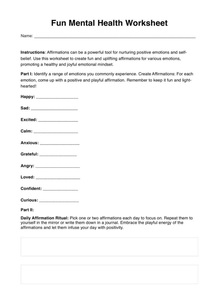 Printed mental health worksheet with emotion prompts and blank lines