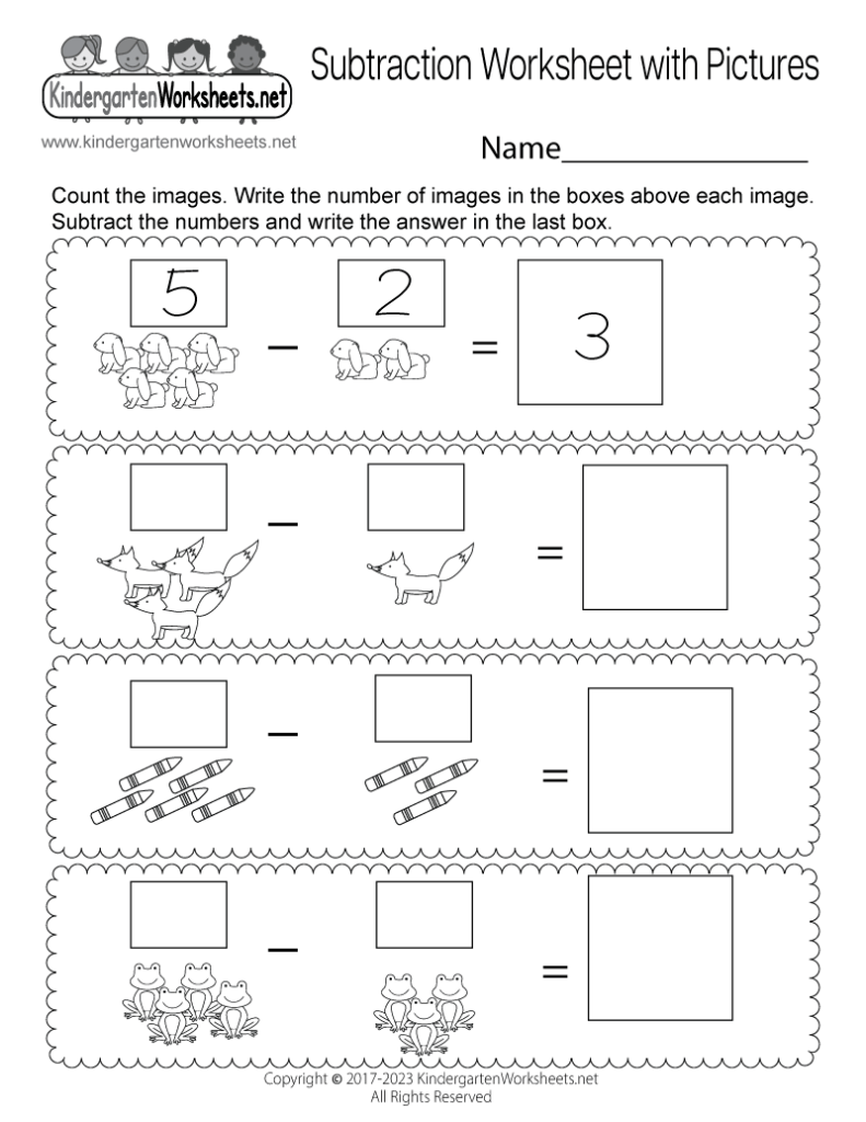 Kindergarten subtraction worksheet with pictures and blank boxes