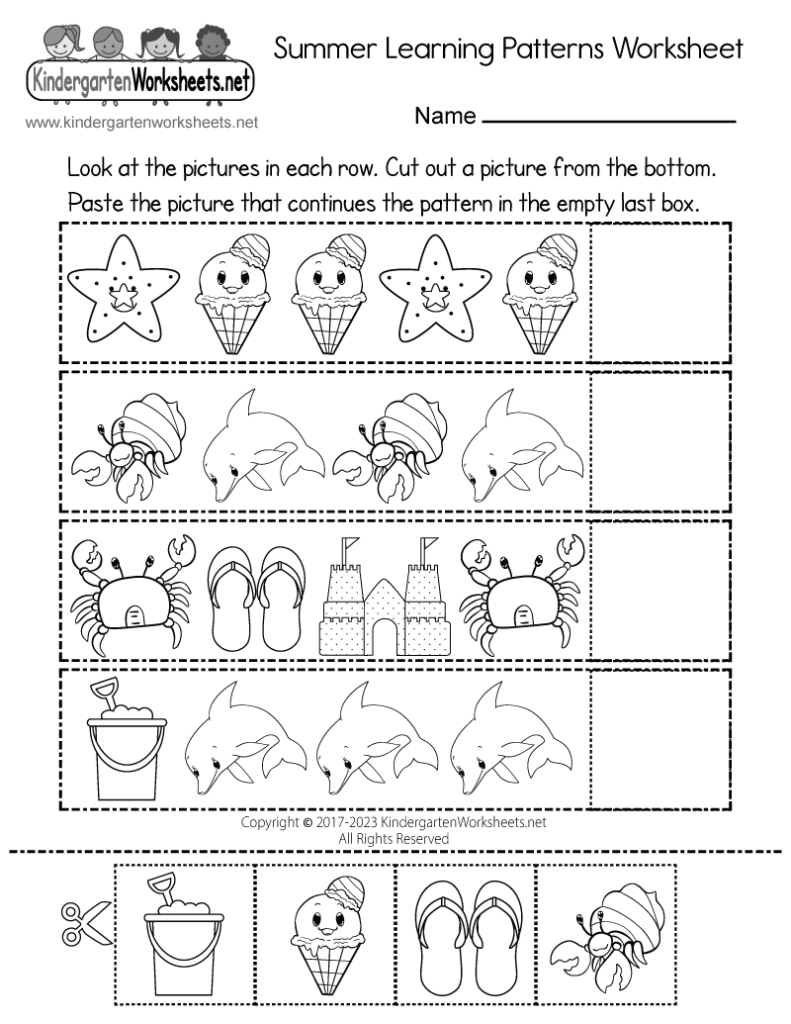 Summer learning patterns worksheet with pictures and blanks