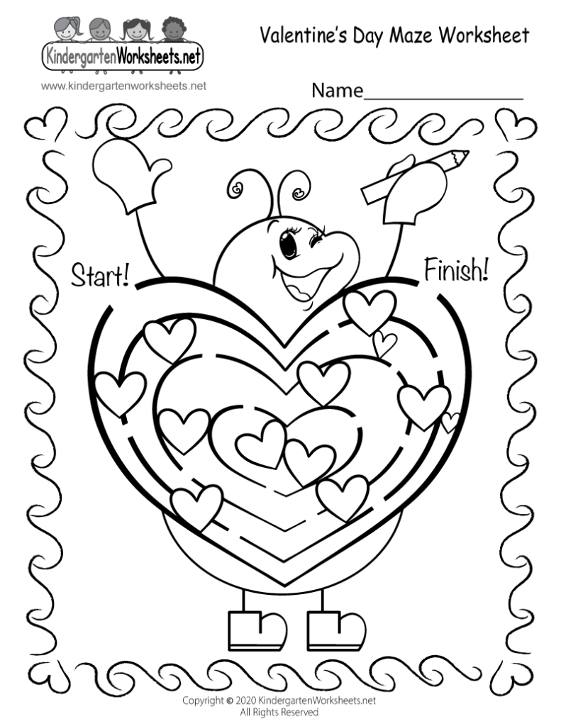 Valentine’s Day maze worksheet with heart-shaped character