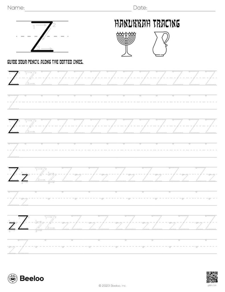 Hanukkah tracing worksheet with large letter Zs