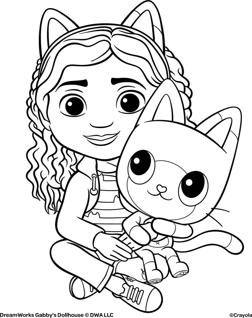 Line drawing of a girl hugging a cat character