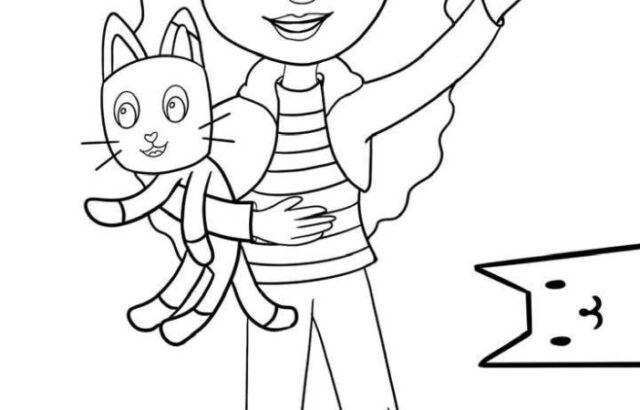 Line drawing of smiling girl holding cat, waving