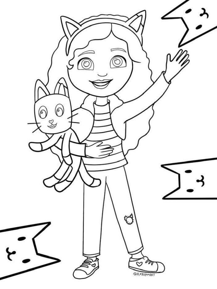 Line drawing of smiling girl holding cat, waving