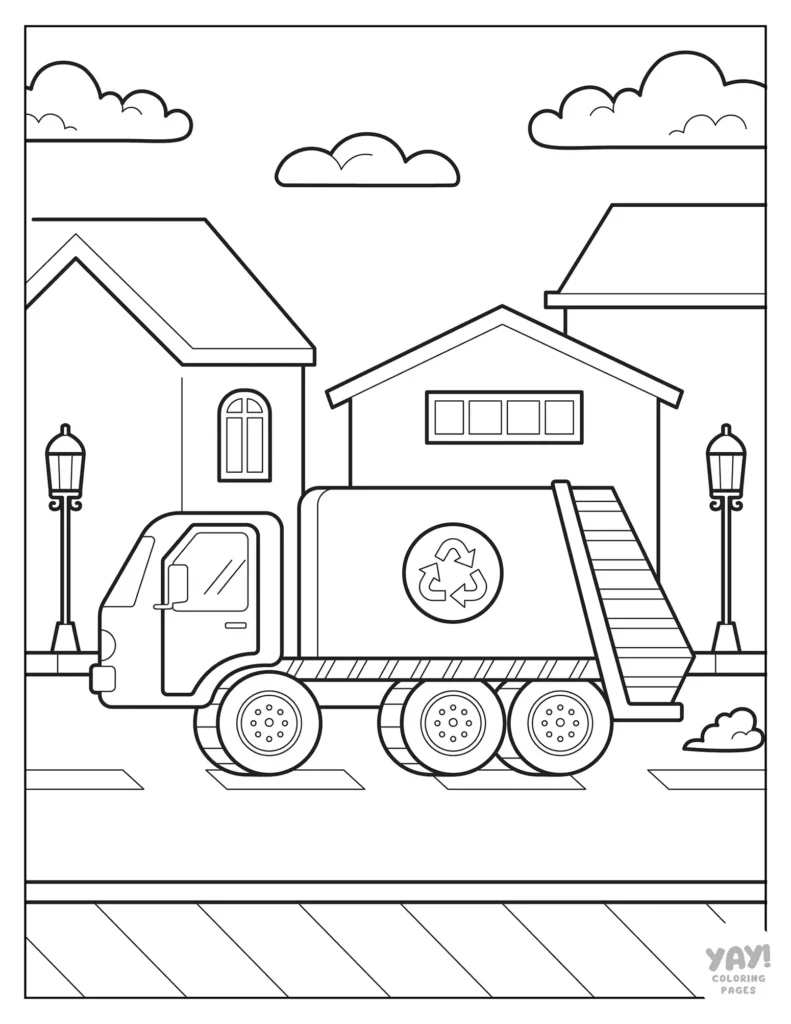 Line drawing of recycling truck on a suburban street