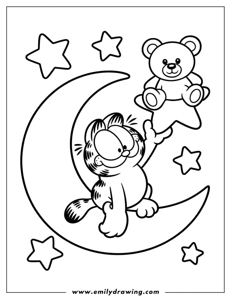 Cartoon cat on crescent moon holding teddy bear