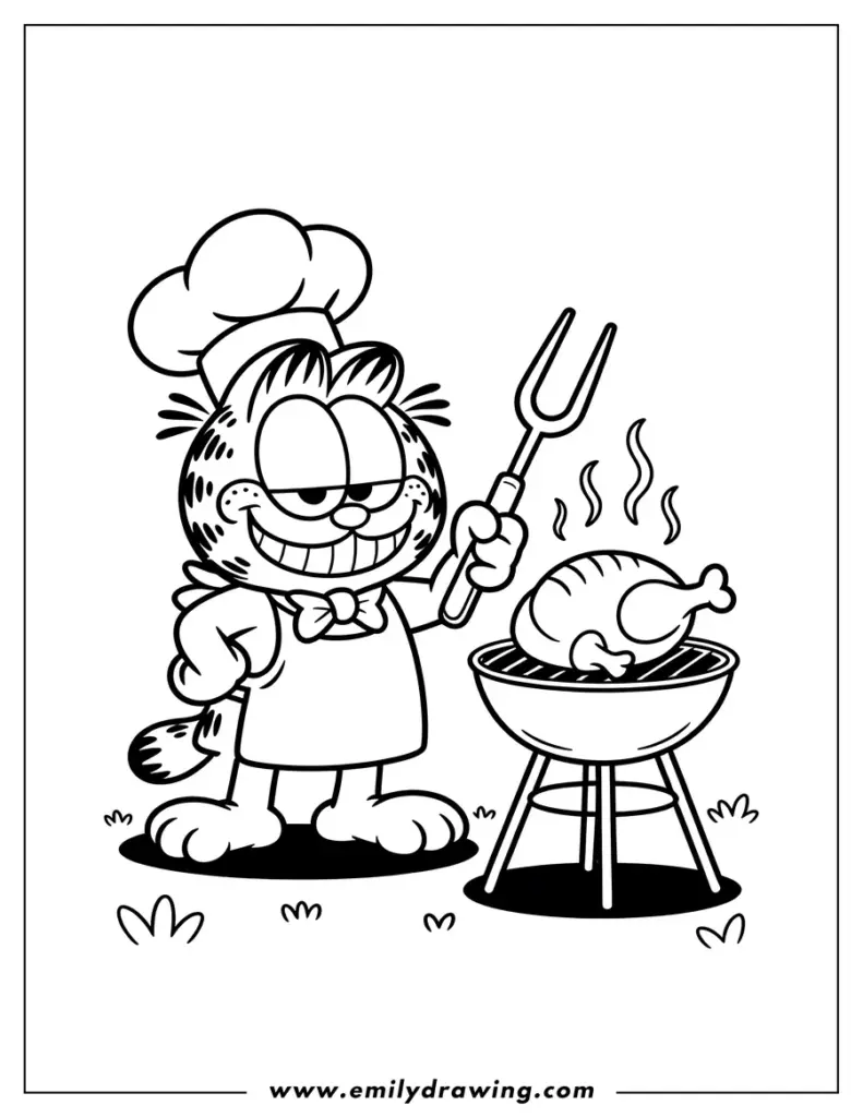Cartoon cat chef grilling a steaming chicken
