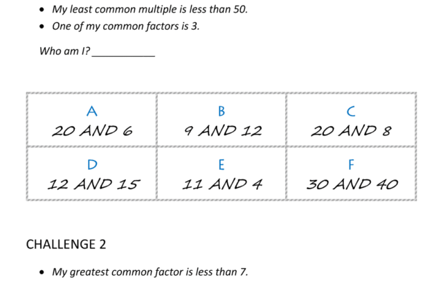 Math worksheet with GCF and LCM riddles