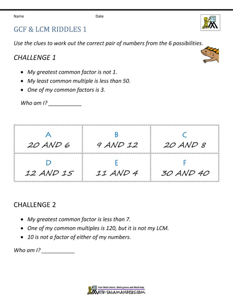 Math worksheet with GCF and LCM riddles