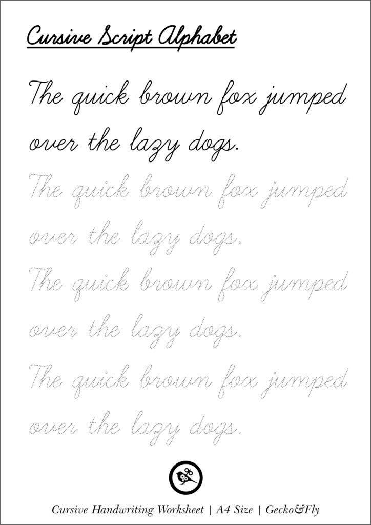 Cursive handwriting worksheet with sample sentences and tracing lines