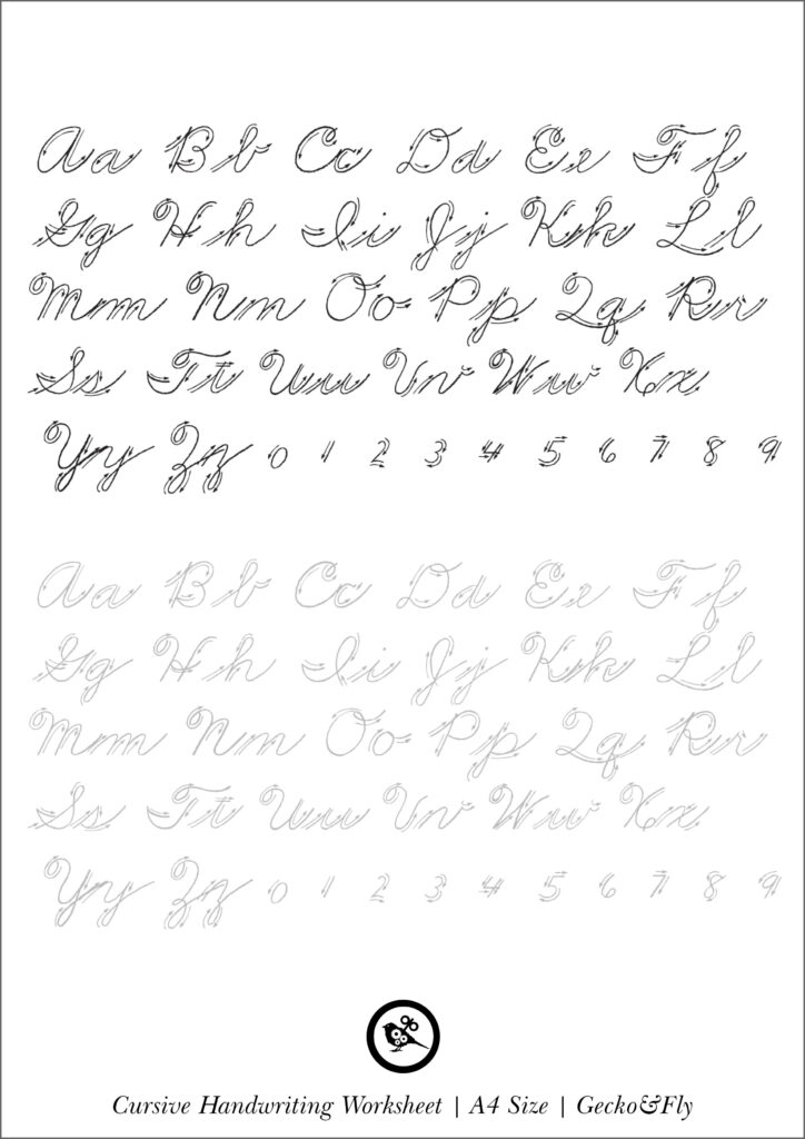 Cursive handwriting worksheet with letters and numbers sample rows