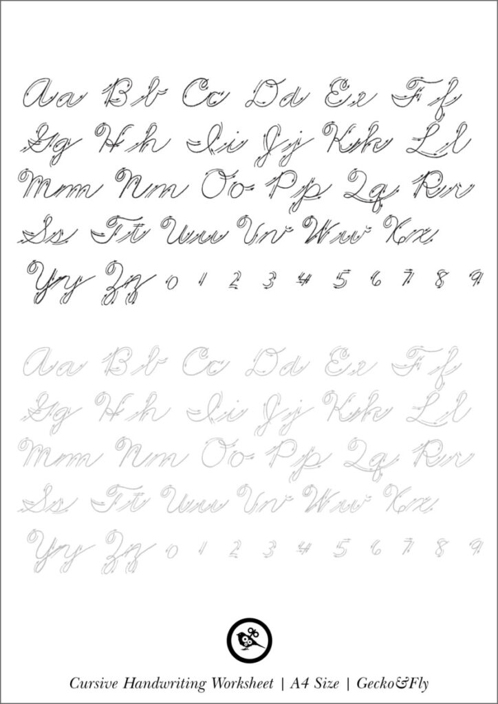 Cursive alphabet handwriting worksheet with letters and numbers
