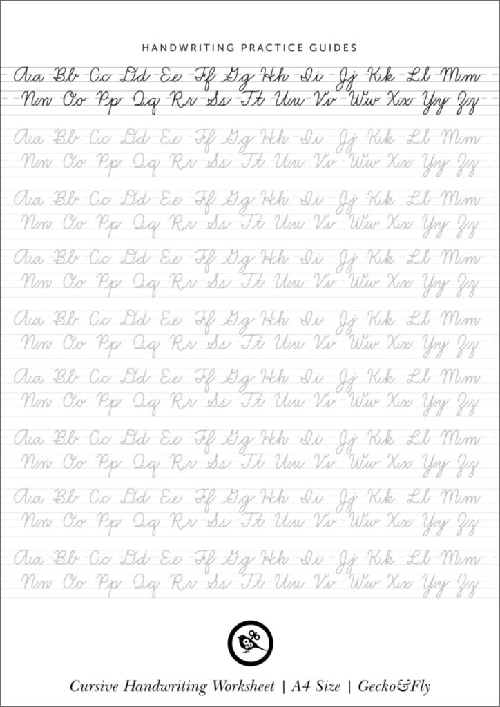 Cursive handwriting practice worksheet with alphabet rows
