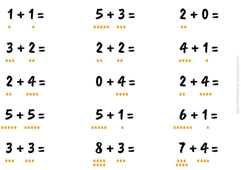 Addition worksheet with orange dots and large numbers