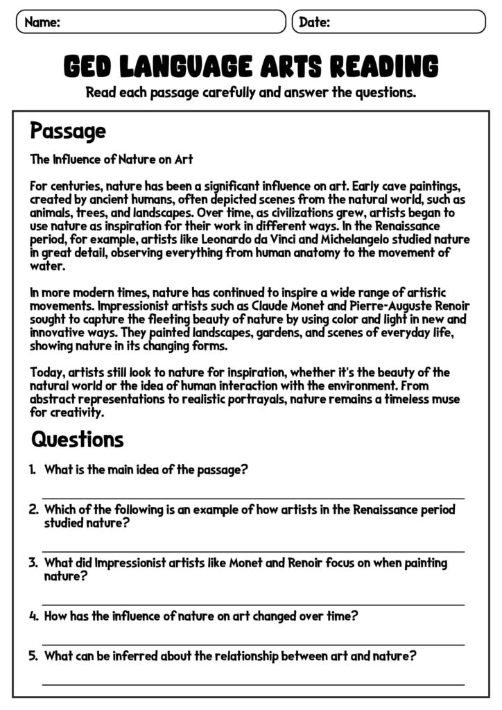 GED language arts reading worksheet with passage and questions