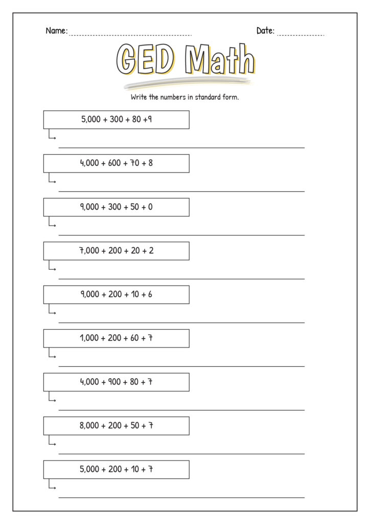 GED math worksheet with place value problems and blank lines