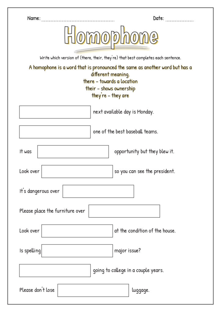 Homophone worksheet with fill-in-the-blank sentences and boxes