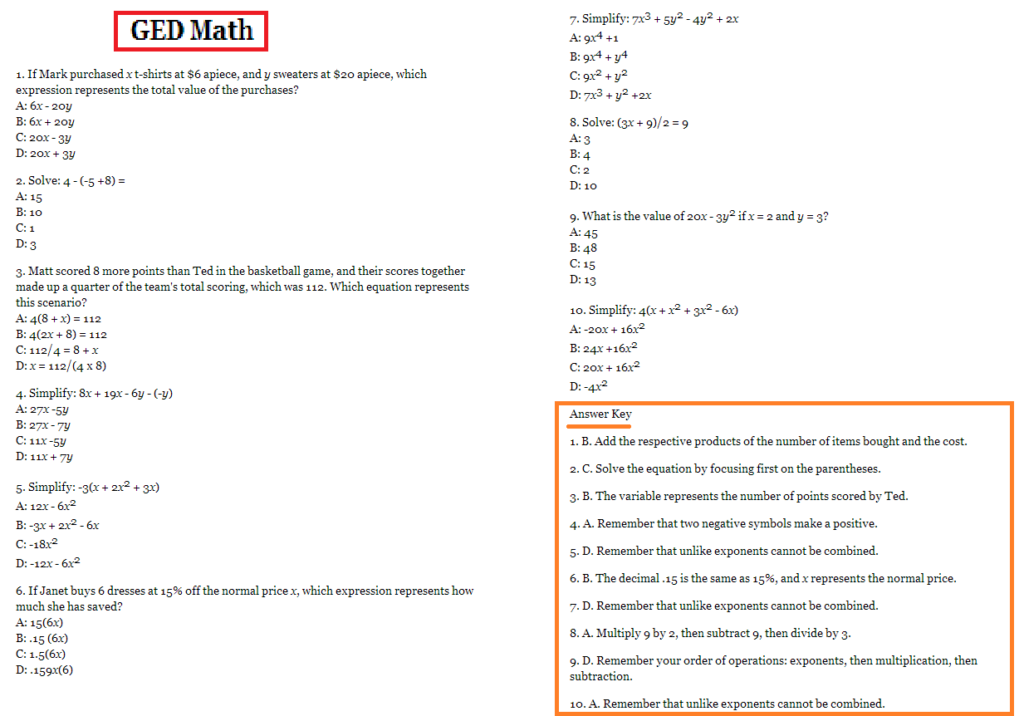 GED math worksheet with multiple-choice algebra problems and answer key