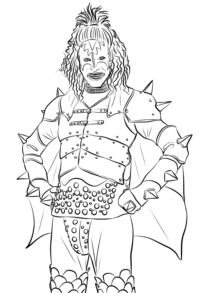 Black-and-white drawing of a spiked armored performer