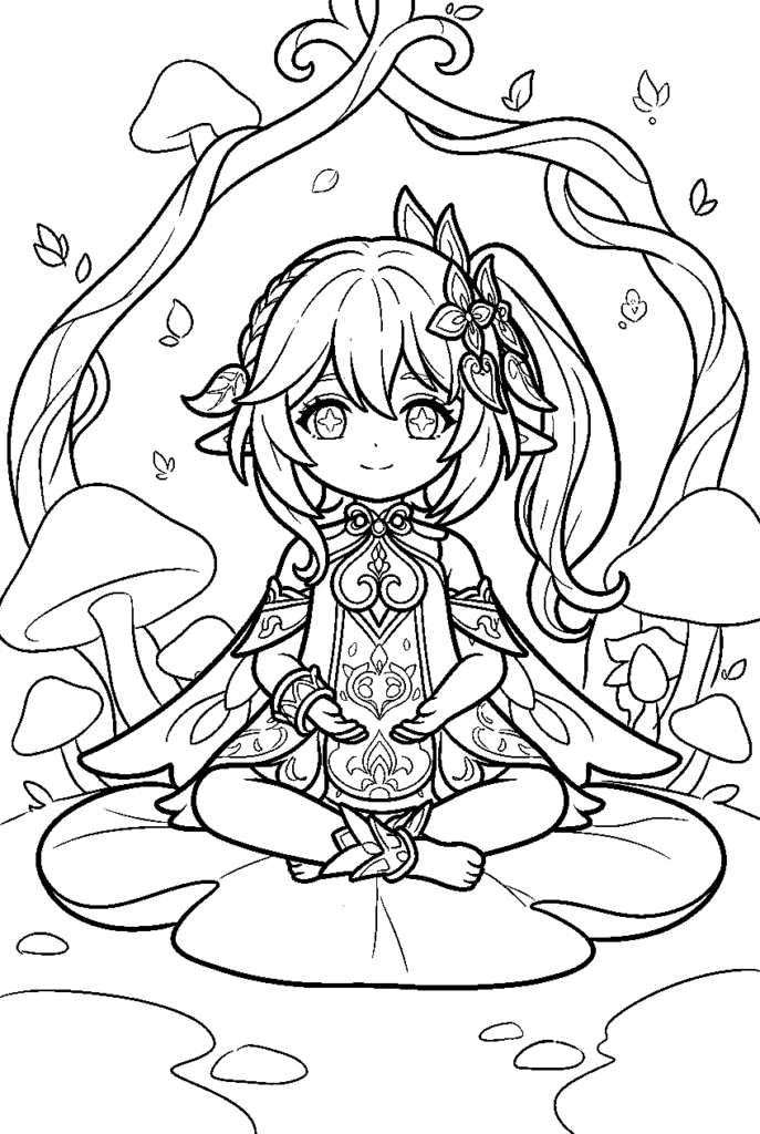 Anime girl sitting among mushrooms and leaves
