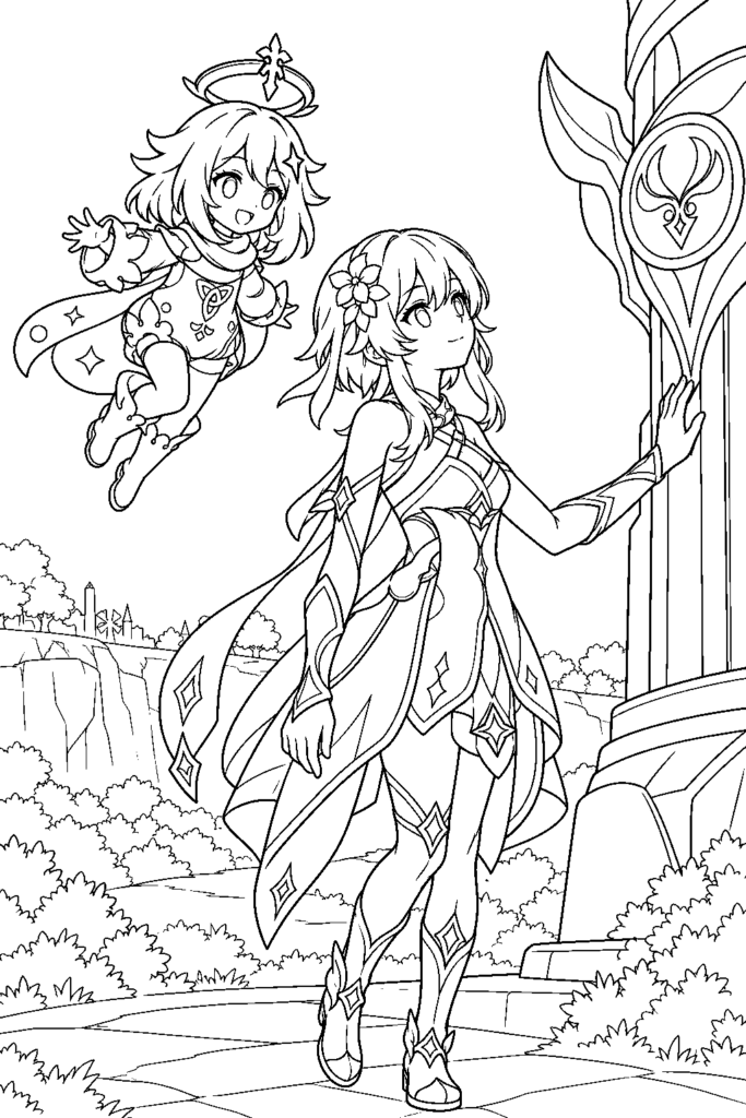 Two anime girls in fantasy outfits near a pillar