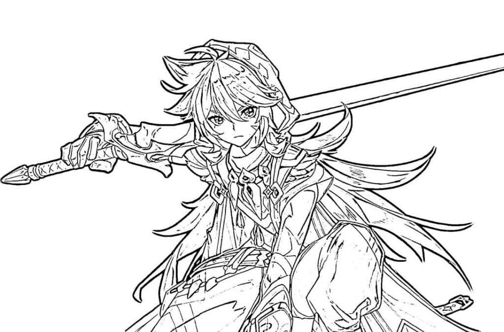 Anime-style warrior holding a sword, line drawing
