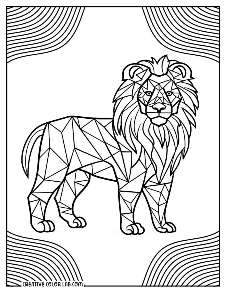 Geometric lion coloring page with curved border lines