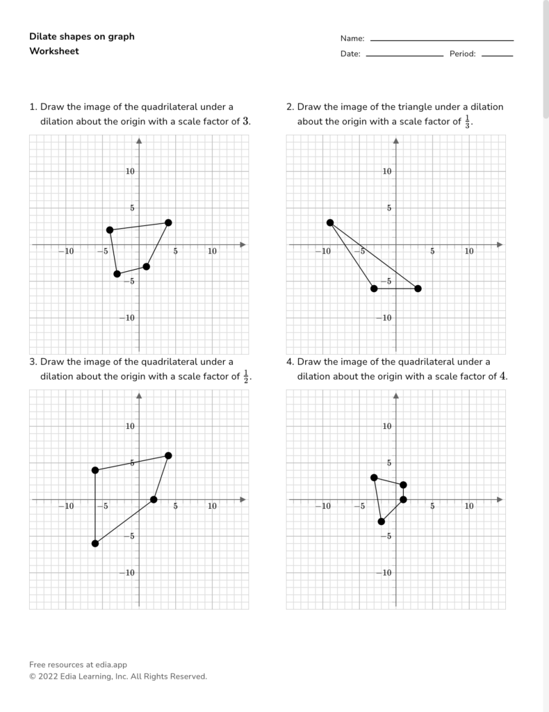 Math worksheet with four dilation graphs and quadrilaterals