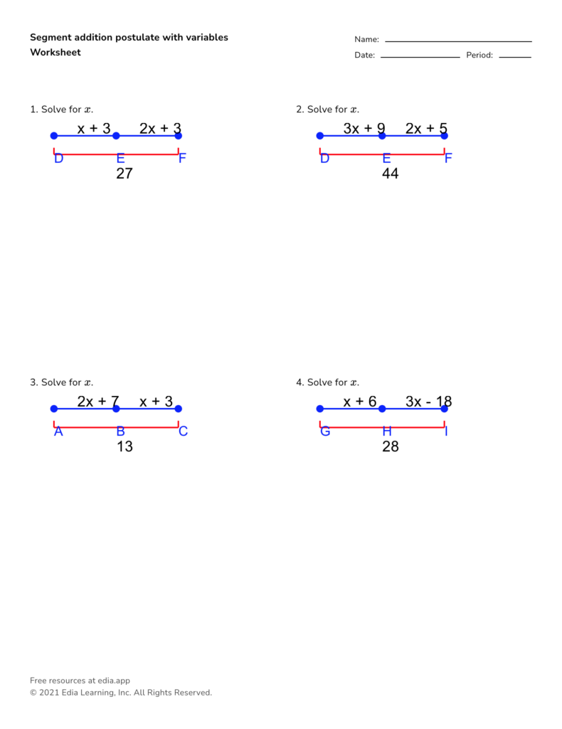 Geometry worksheet with segment addition problems and diagrams