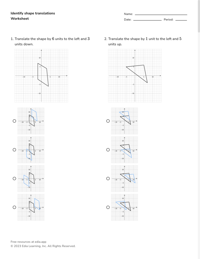 Geometry worksheet with coordinate graph translation problems
