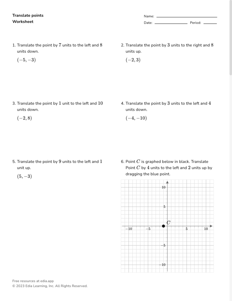 Geometry worksheet with coordinate translation problems and graph