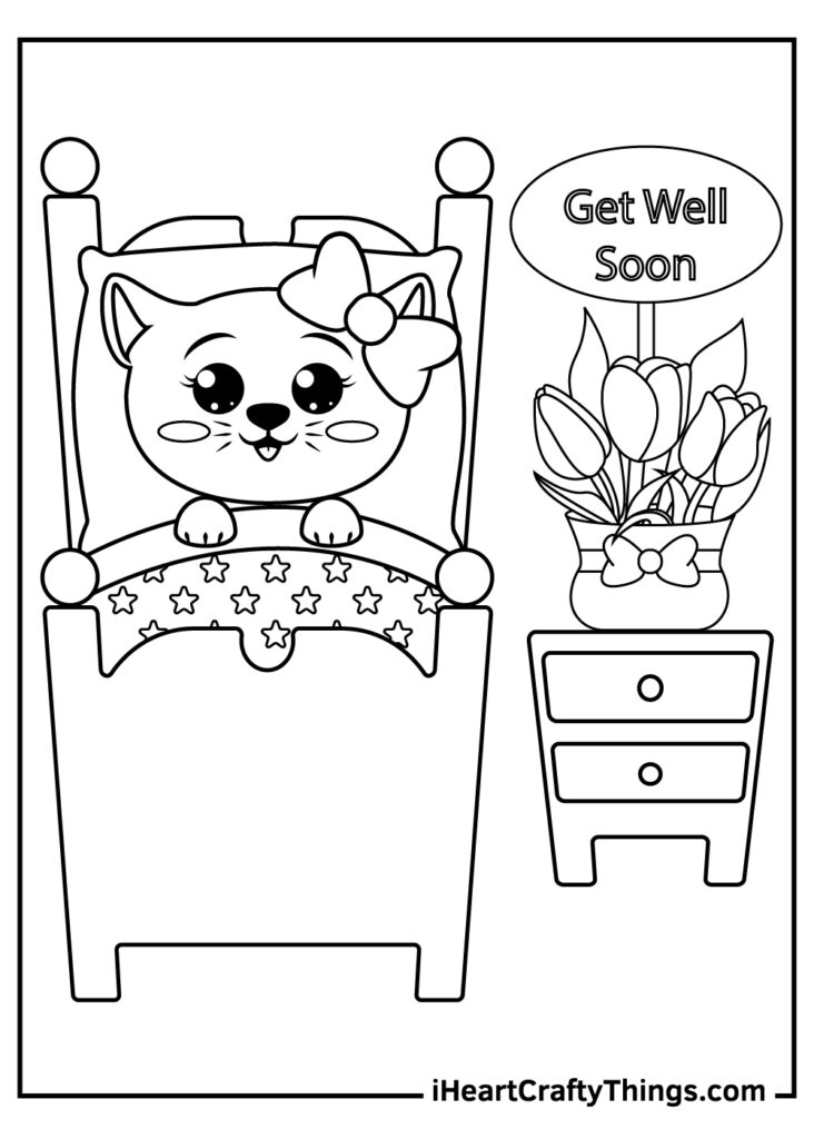 Cartoon puppy in bed beside get well soon flowers