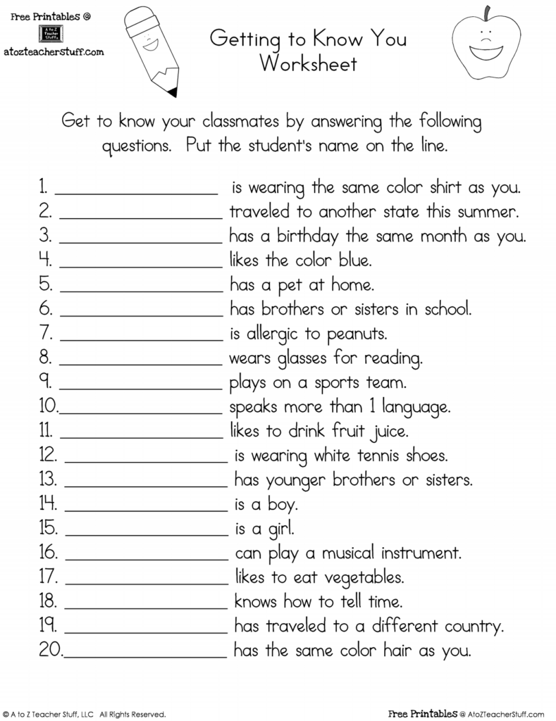 Getting to Know You classroom worksheet with numbered prompts
